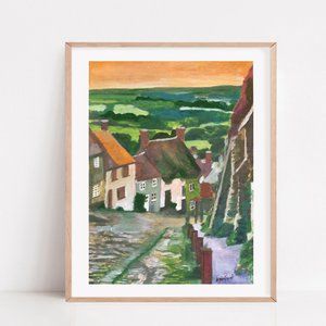 8.5x11 Sunset in Castle Combe, Cotswolds UK, painting art print, UK travel print